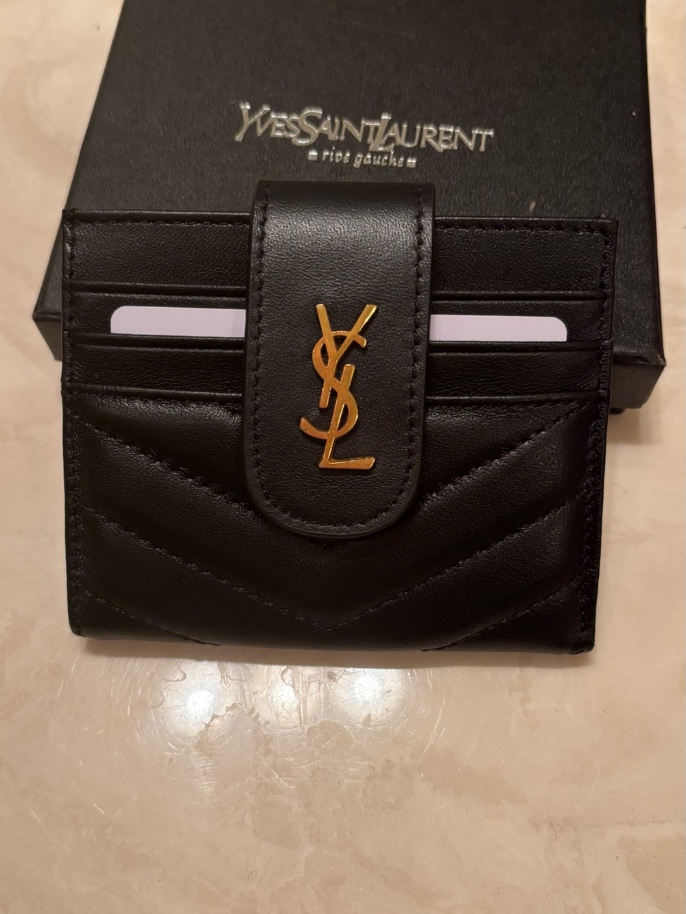Yves Saint Laurent Black Leather Bi-Fold Card Wallet with Gold Logo
